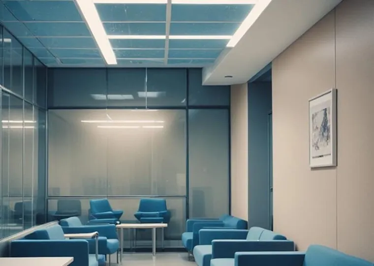 Sala de espera com forro de PVC linear azul e poltronas azuis